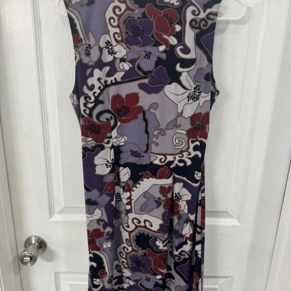 Vintage BCBG Cowl Neck‎ Midi Dress with Purple Floral Pattern Sleeveless Boho MP